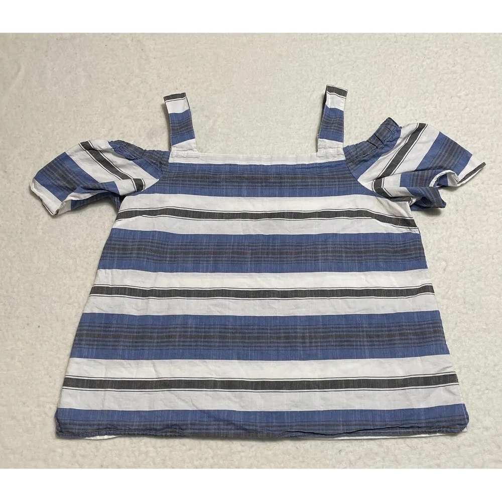 Lucky Brand Womens Top Size Large Blue Cold Shoulder Short Sleeve Striped Blouse